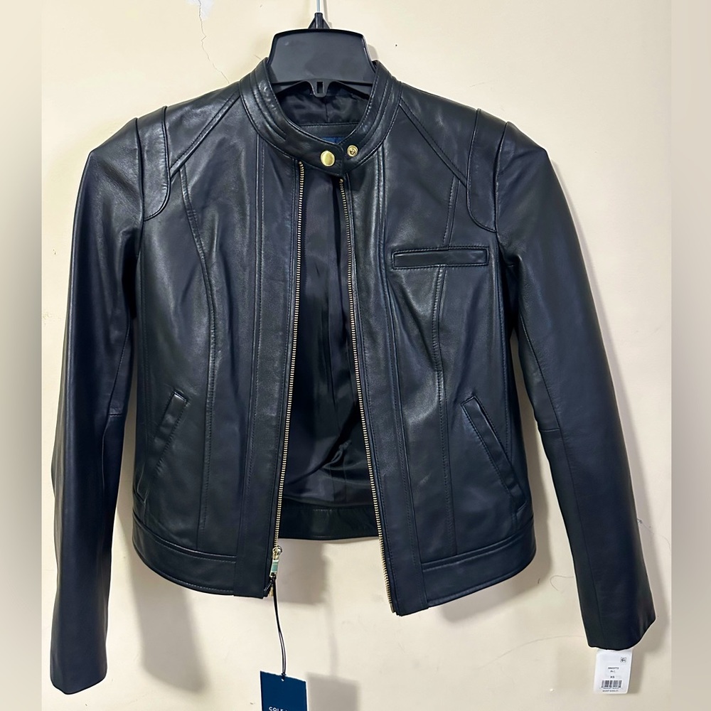 Brand new  Cole han Women's Lambskin Leather Jacket size XS black color - Picture 2 of 4
